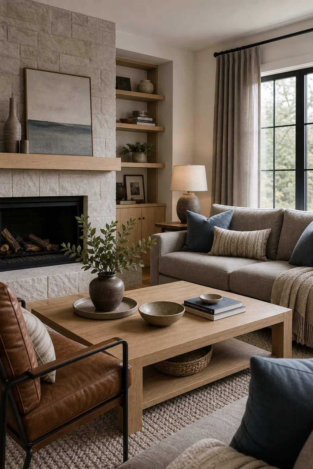 Gray and brown living room with stone tones dusty blue accents and white oak furniture