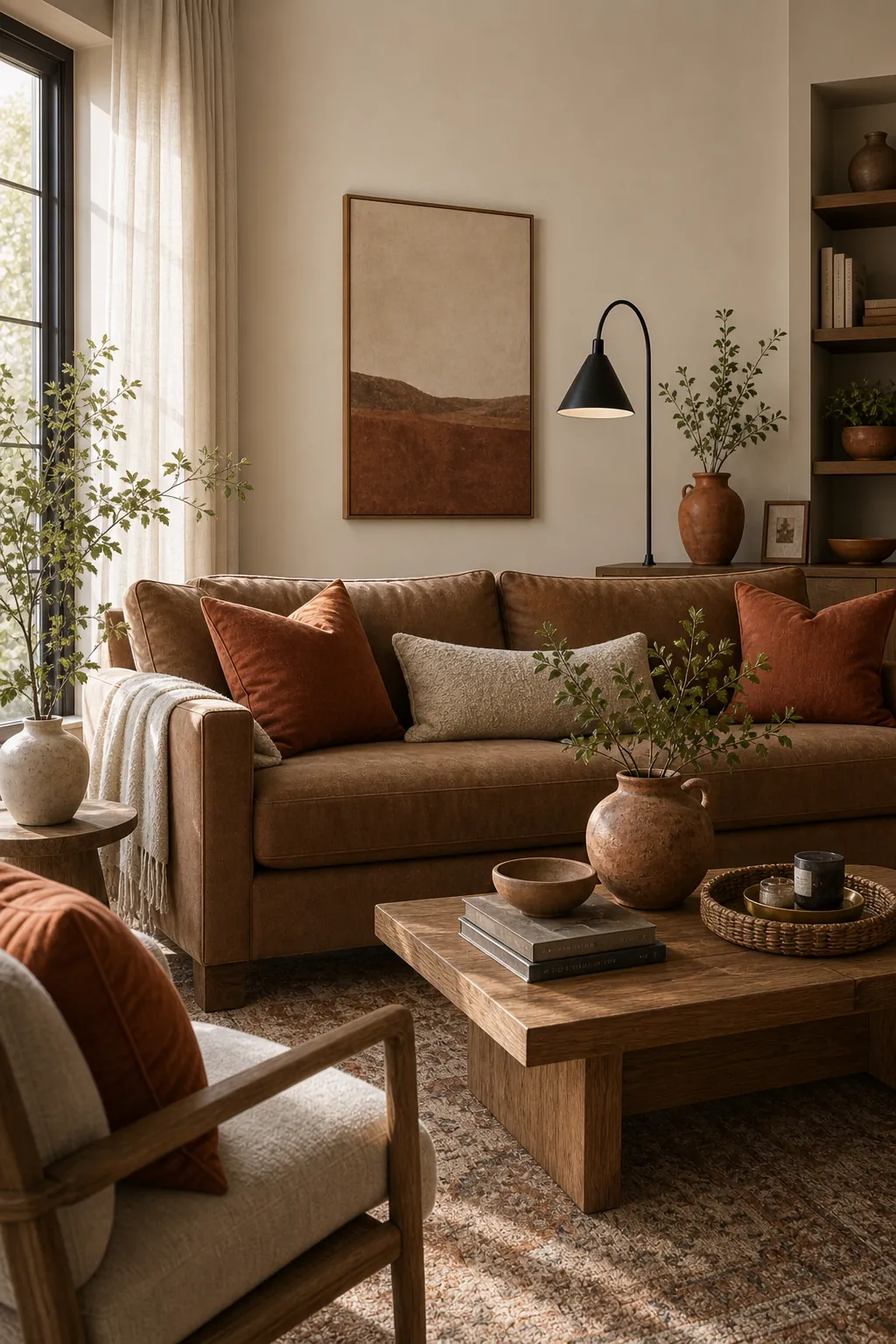 Warm brown living room with terracotta accents cream walls and oak furniture