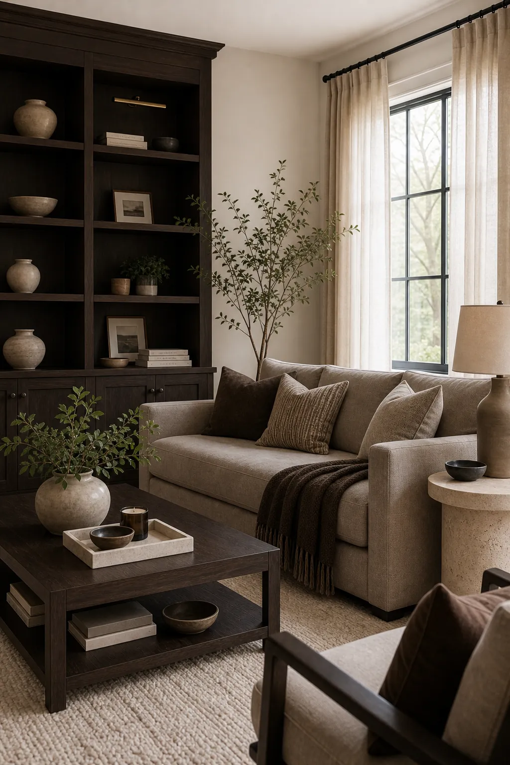 Espresso brown living room with taupe sofa linen curtains and pale stone accents