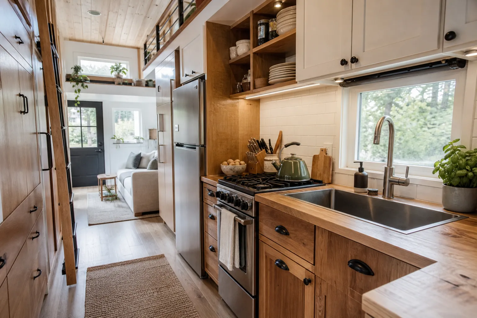 Tiny home kitchen with full size function and compact storage
