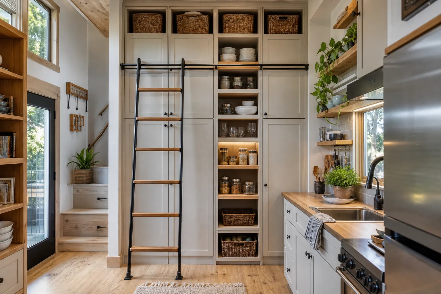 Full height cabinet storage in a tiny home kitchen with warm wood shelves