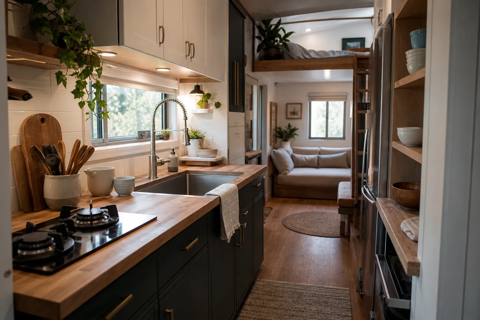 Compact tiny home galley kitchen with clear prep, cooking, and wash zones