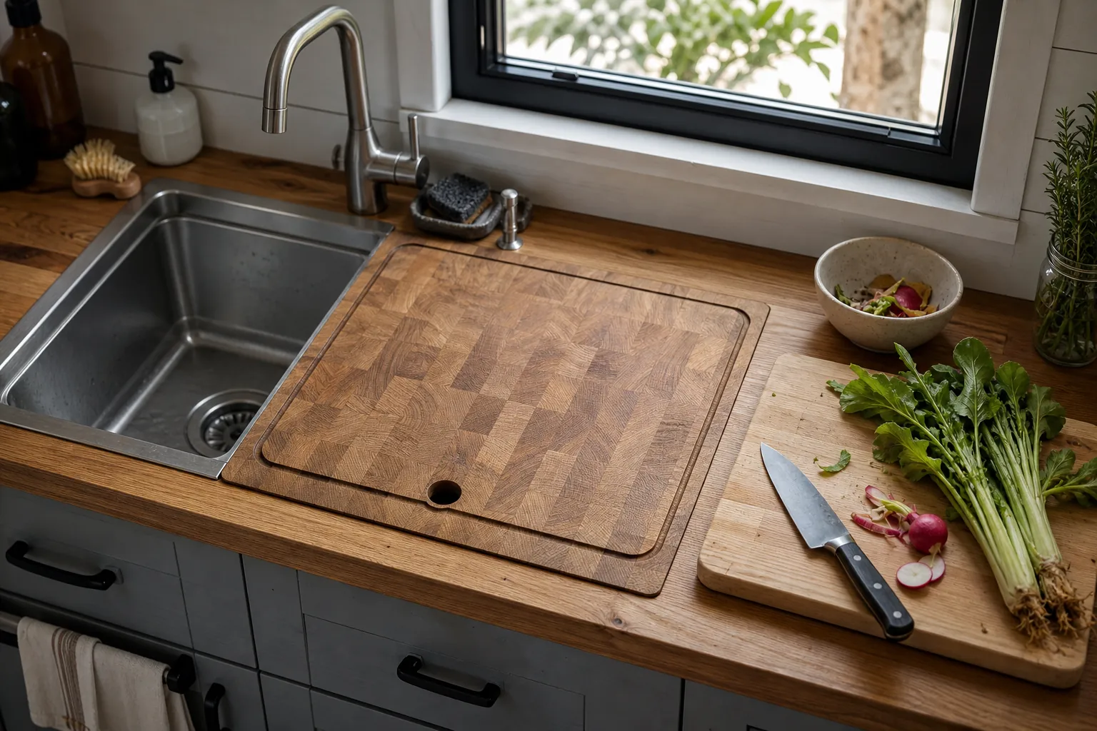 Tiny home kitchen sink with wood cover creating extra meal prep space