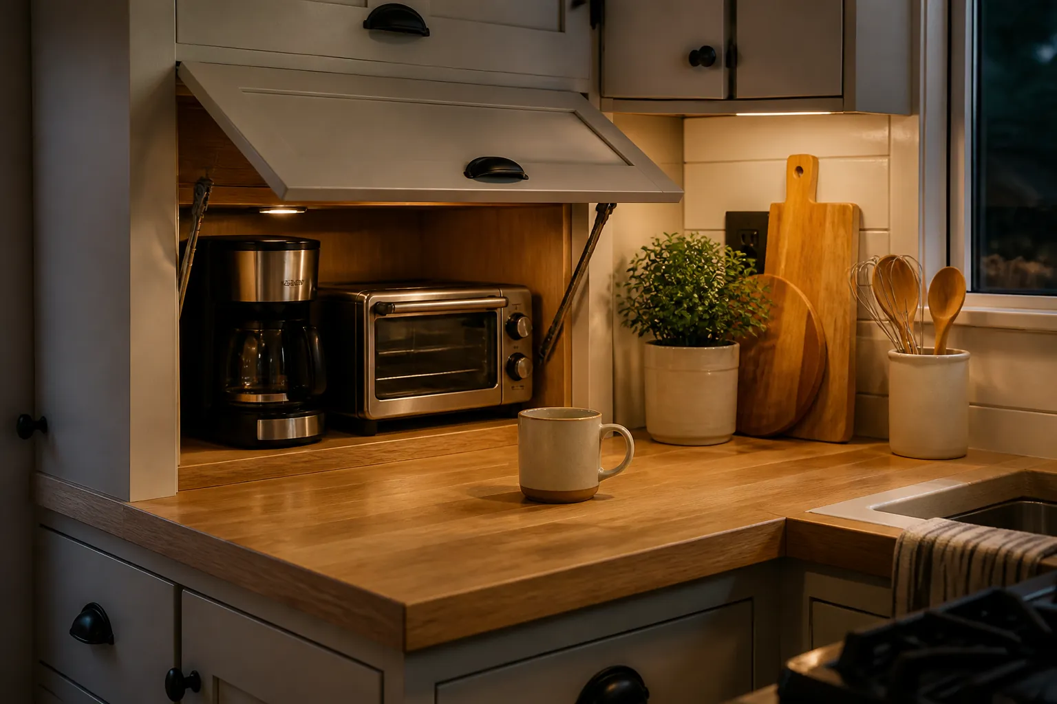Tiny kitchen appliance garage hiding coffee maker and compact toaster oven