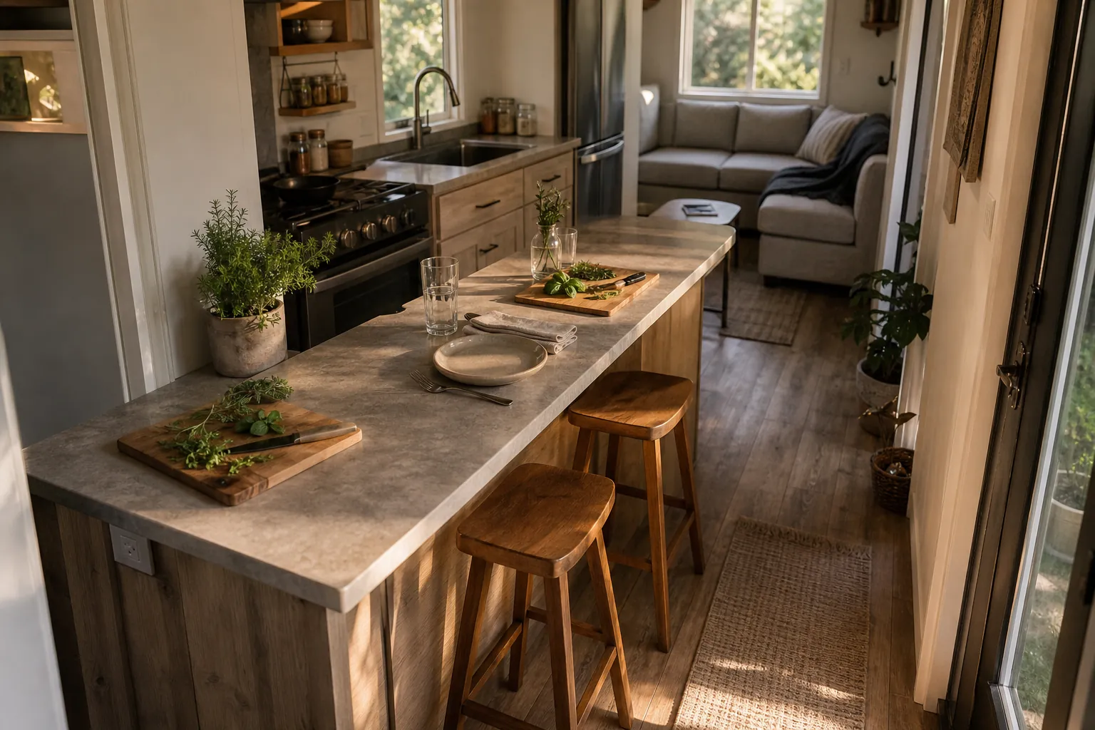 Tiny home kitchen counter used for both dining and meal prep