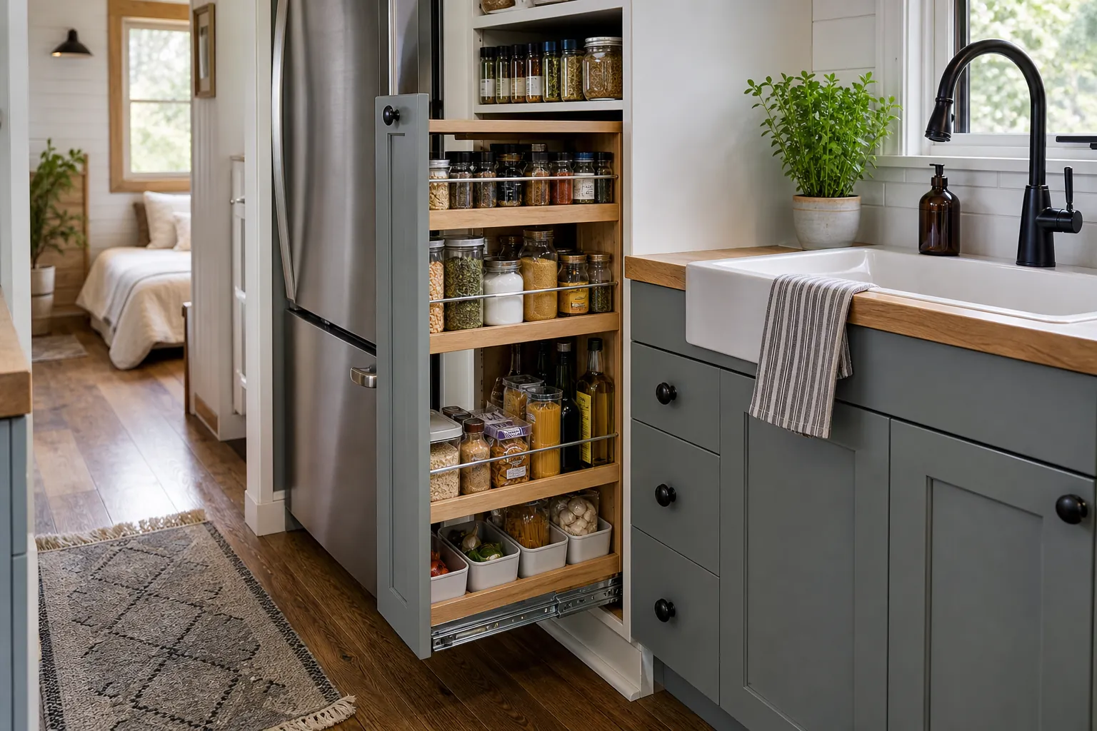 Narrow pull out pantry in a compact tiny house kitchen