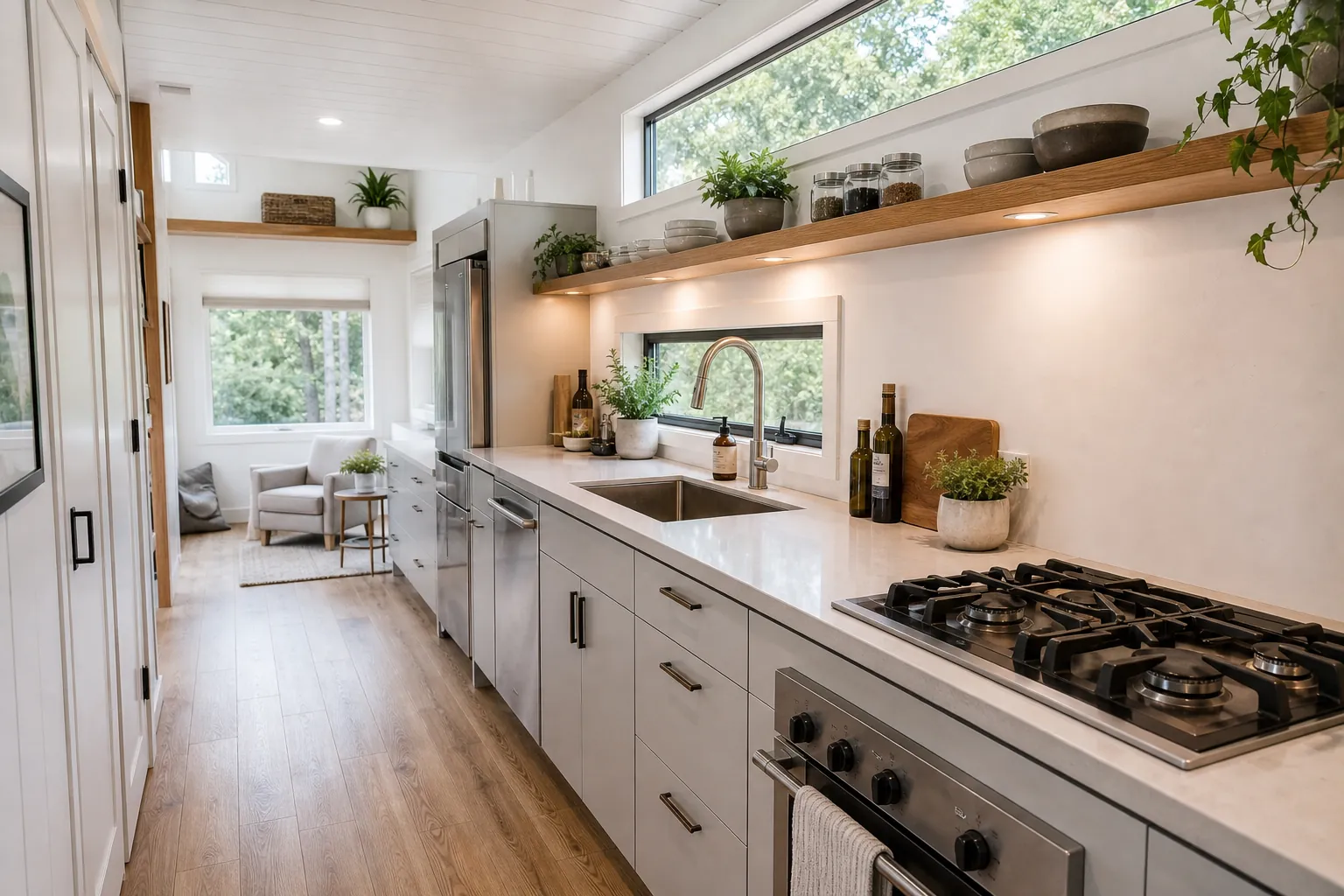 Real tiny home galley kitchen layout with fridge, sink, prep, and cooktop zones