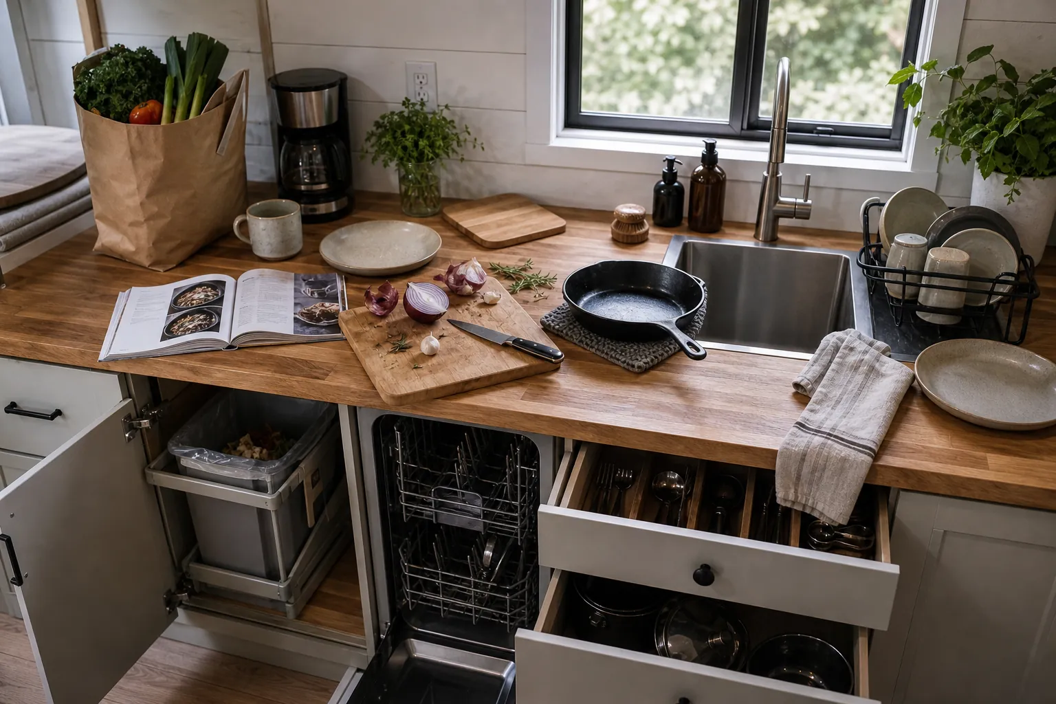 Tiny home kitchen counter test with groceries, cutting board, dish rack, and plates