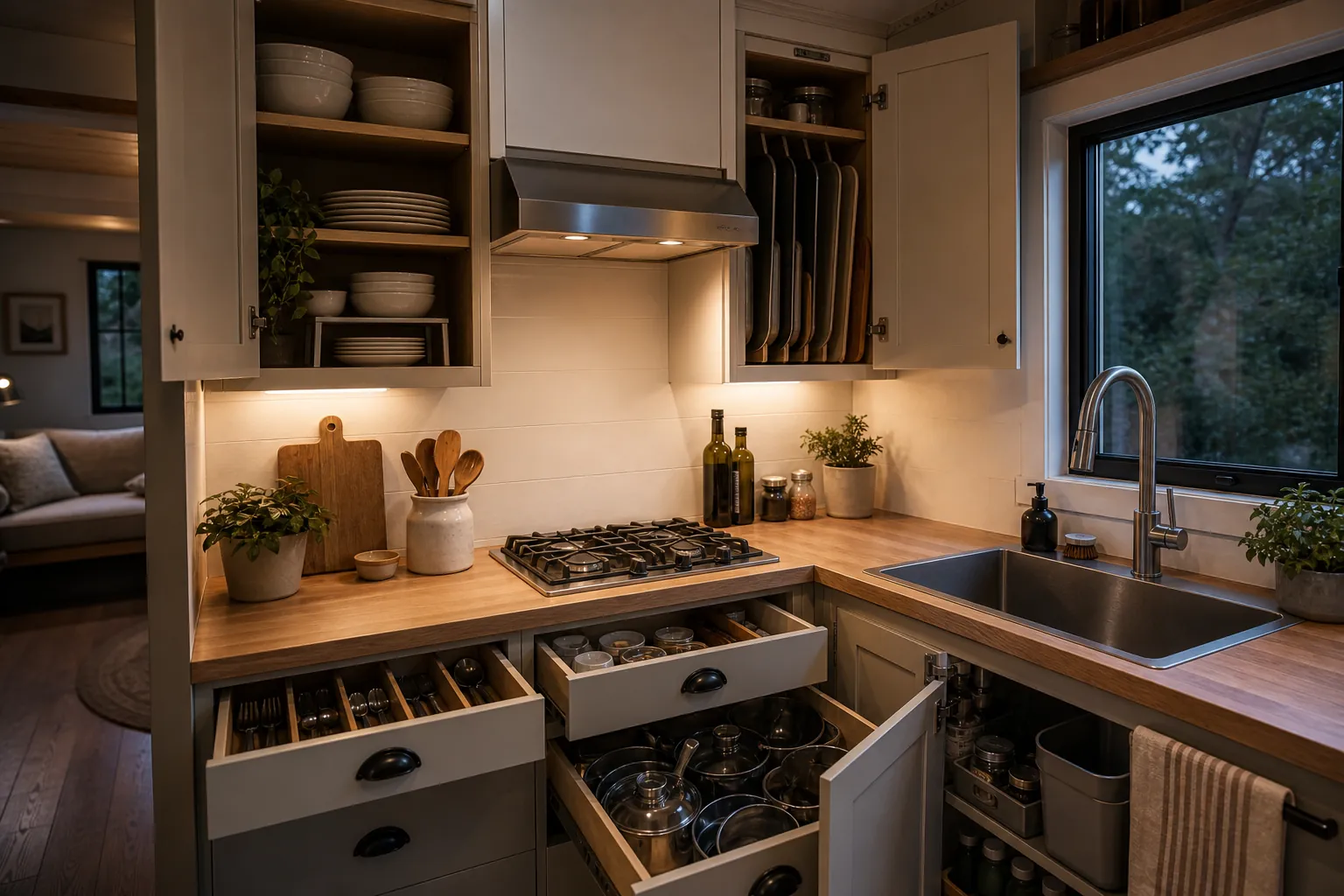 Tiny home kitchen with clear task lighting, range hood, and organized cabinets