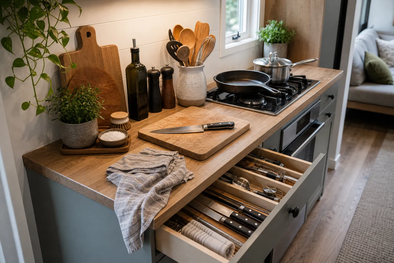 Daily cooking tools organized in a tiny home kitchen prep zone
