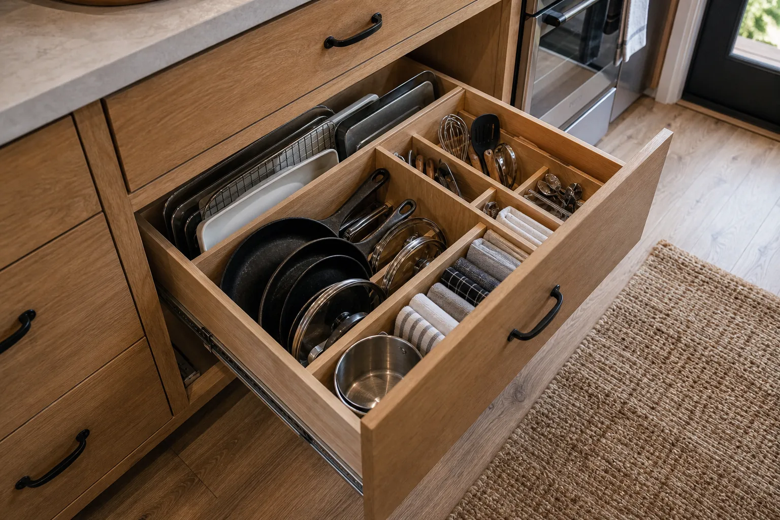Deep tiny kitchen drawer with dividers for pans, lids, towels, and utensils