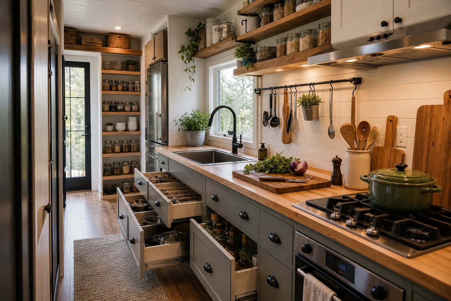 Tiny home kitchen storage arranged for daily cooking