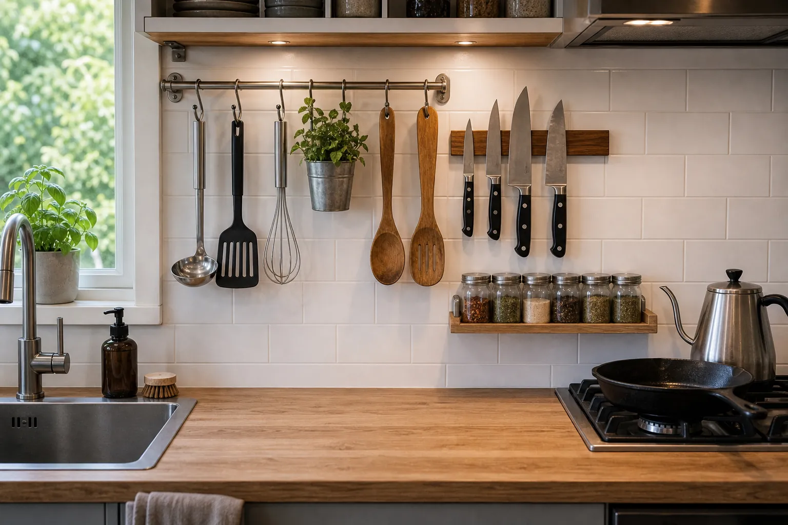 Tiny kitchen wall rail storage with utensils, spices, and clear counter space