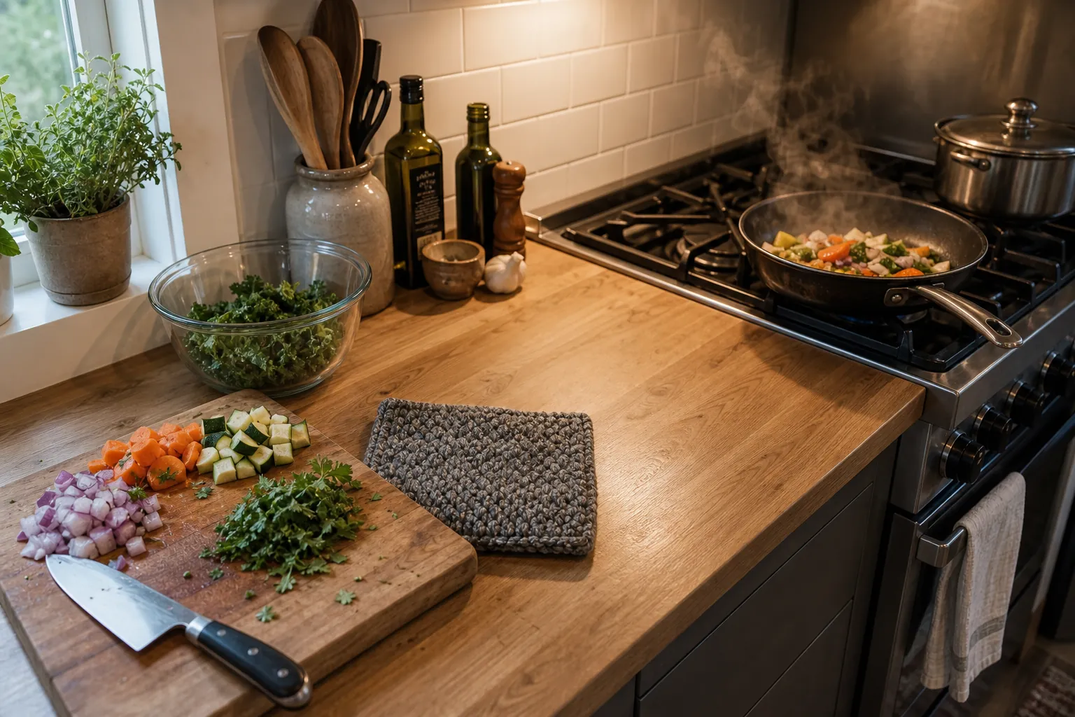 Tiny kitchen meal prep station with clear landing space beside the stove
