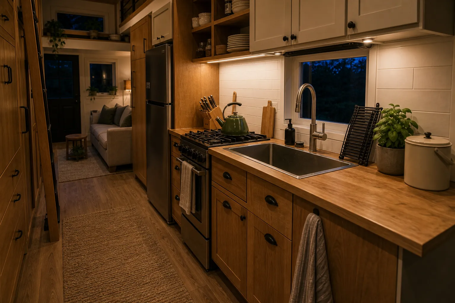 Tiny home kitchen after nightly reset with clear counters and folded dish rack