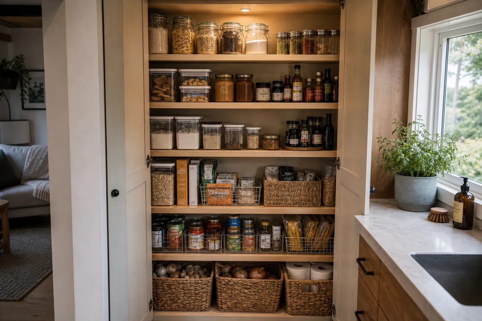Visible tiny home pantry storage with shallow shelves, jars, and weeknight staples