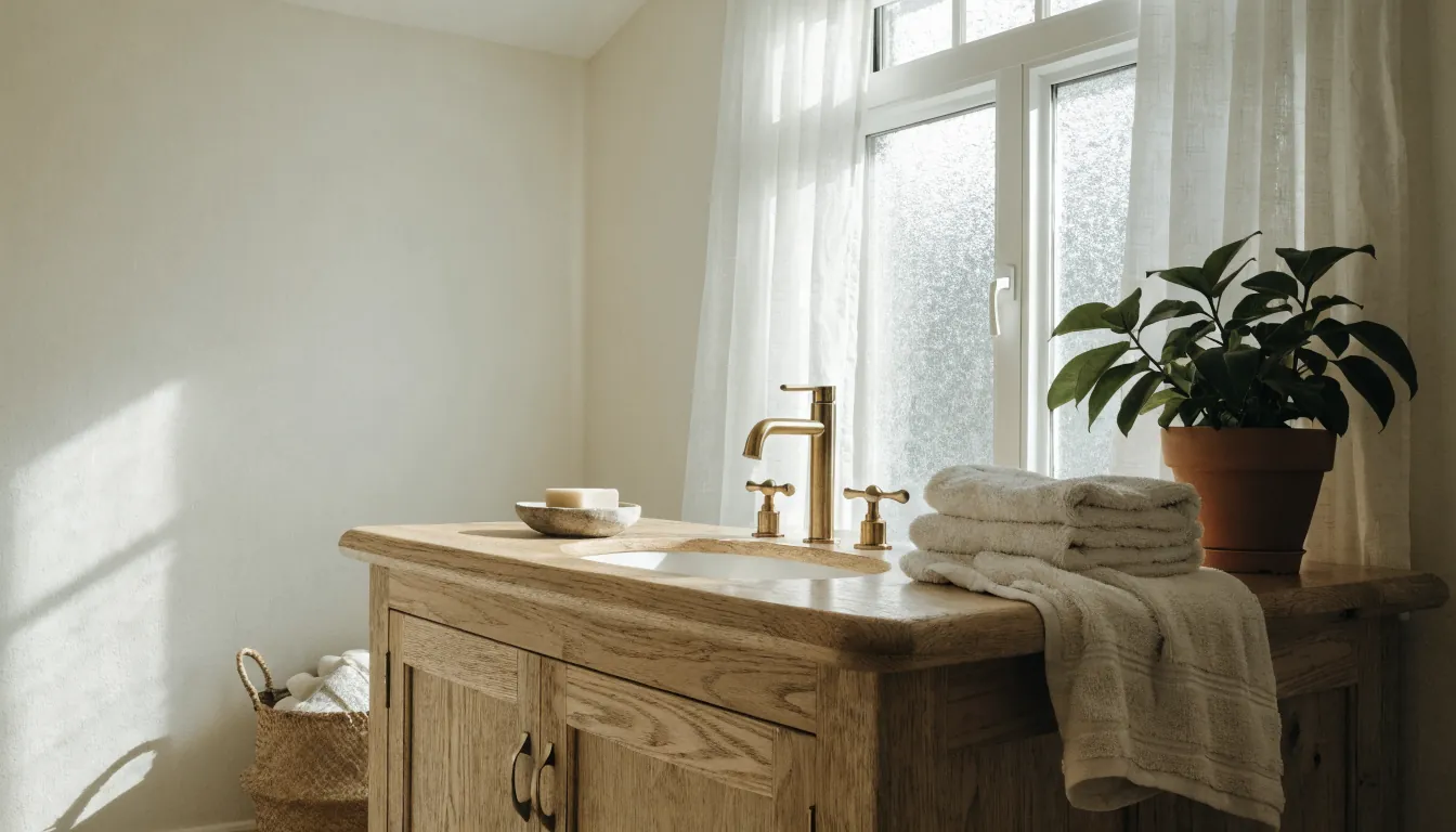 Natural bathroom with wood vanity, soft towels, plants, and warm neutral decor