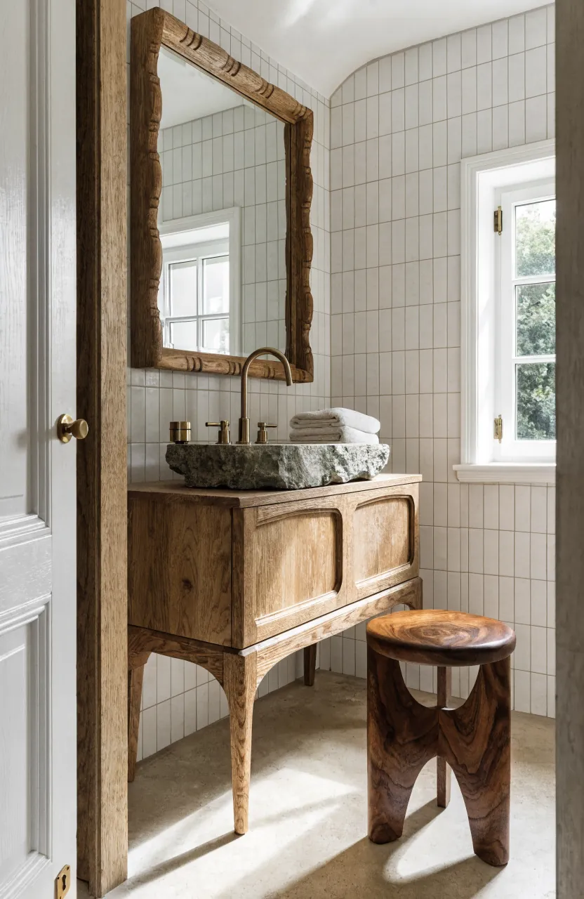 Wood bathroom with natural vanity, simple stool, and soft neutral towels