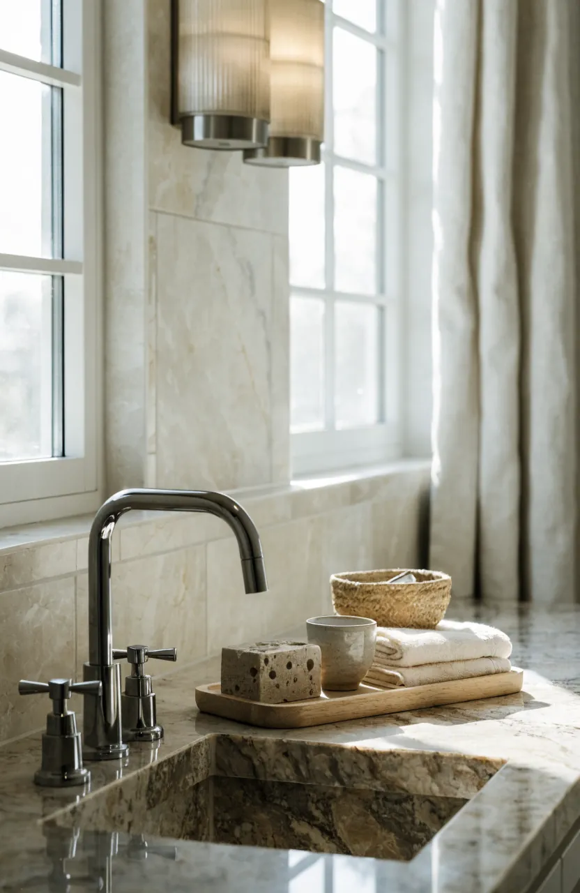 Warm natural bathroom material palette with wood, stone, cotton towels, and ceramic details