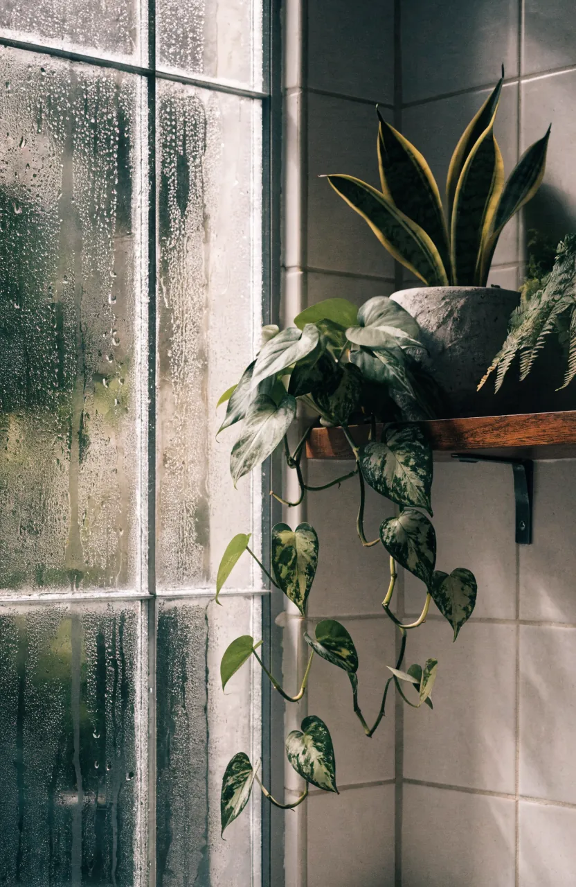 Bathroom plants near a frosted window with wood shelf and humid spa bathroom feel