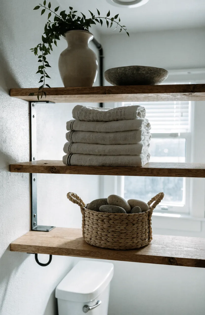 Natural bathroom shelves styled with towels, baskets, plant, ceramic vase, and open space
