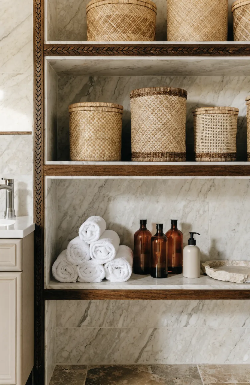 Spa bathroom storage with woven baskets, rolled towels, ceramic dispensers, and wood shelves