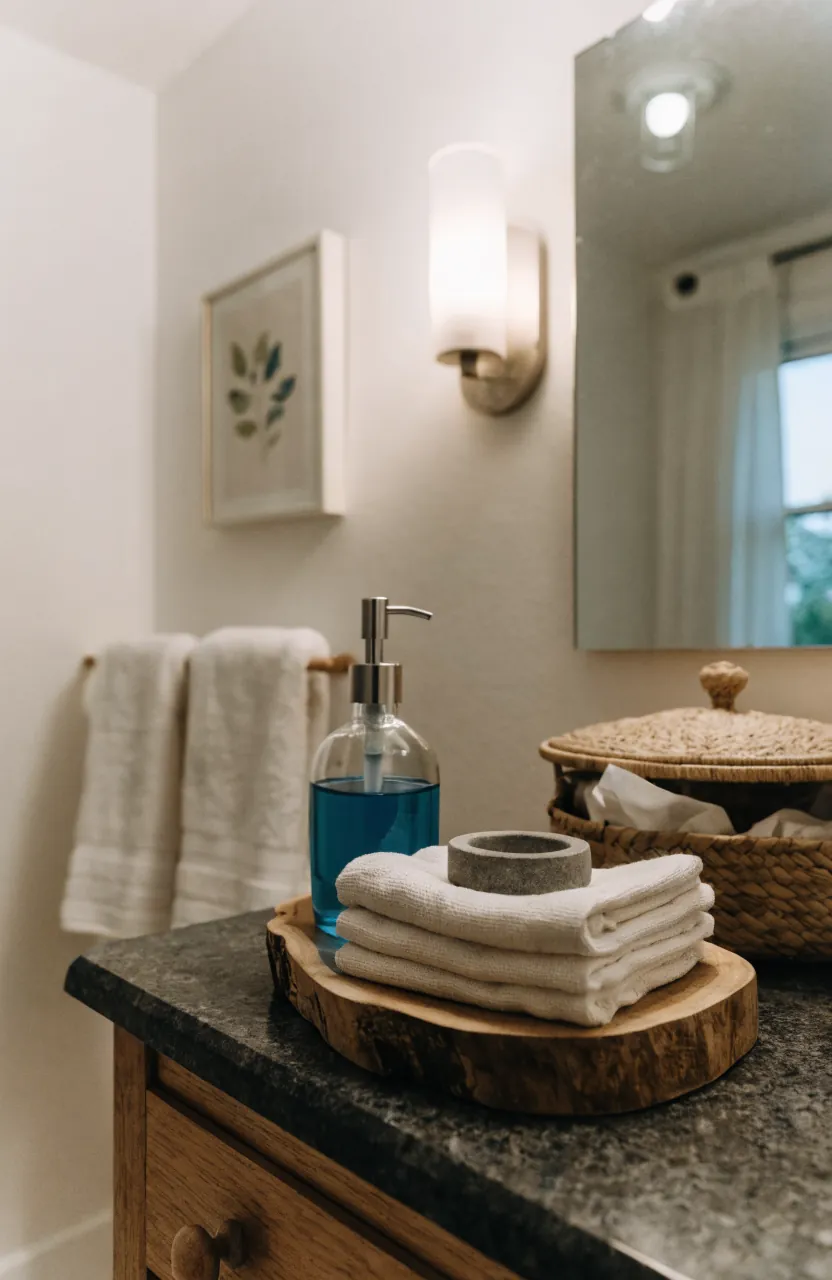 Guest bathroom with natural wood tray, folded towels, woven basket, and gentle neutral decor