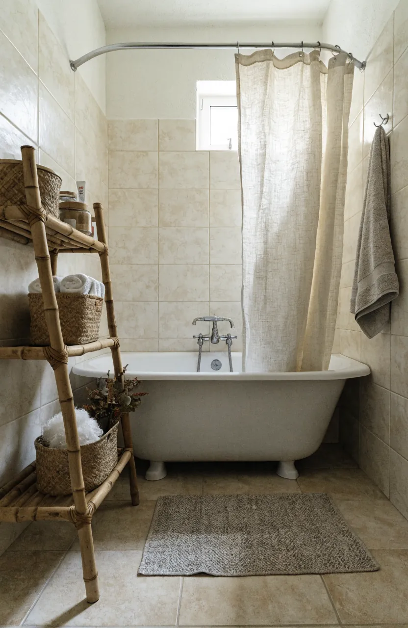 Rental bathroom with removable natural decor, wood ladder shelf, woven baskets, and linen shower curtain