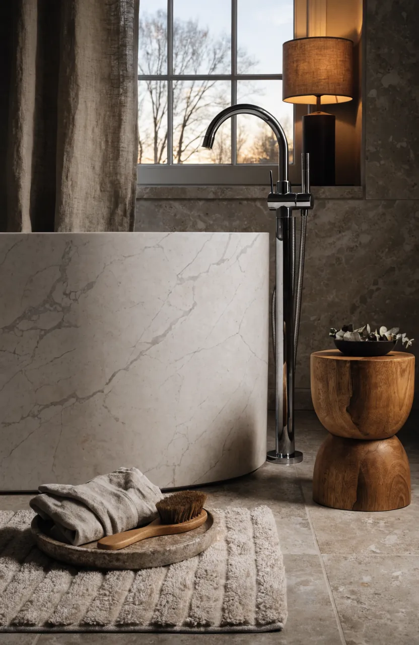 Earthy bathroom with warm lighting, stone tray, linen towel, wood stool, and quiet spa details