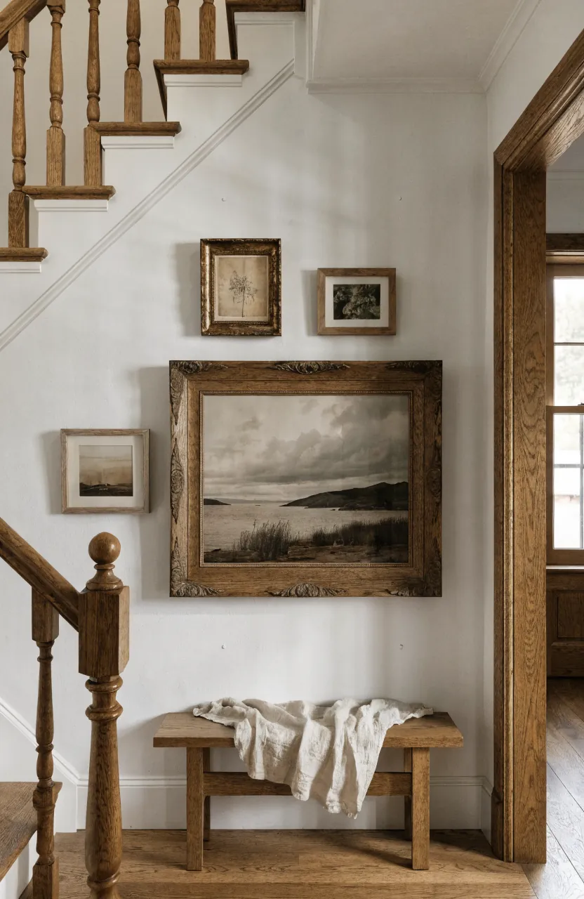 Stair landing gallery wall with a large anchor frame and smaller surrounding art