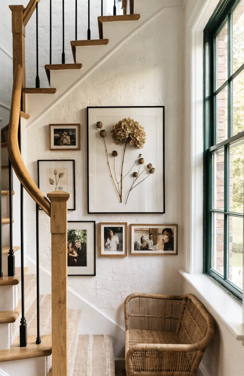 Finished gallery wall on a bright stair landing with framed art and warm hallway decor