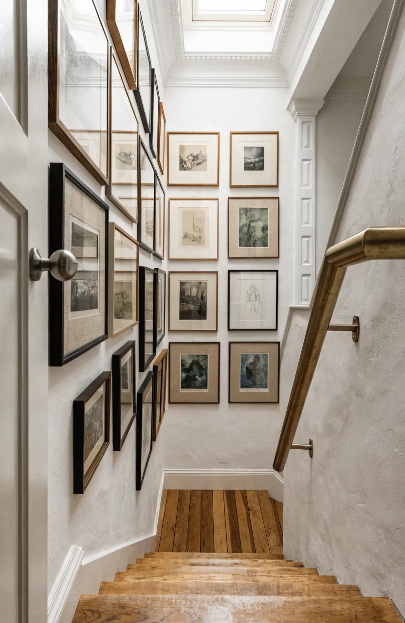 Rising stairway gallery wall following the stair angle with even frame spacing