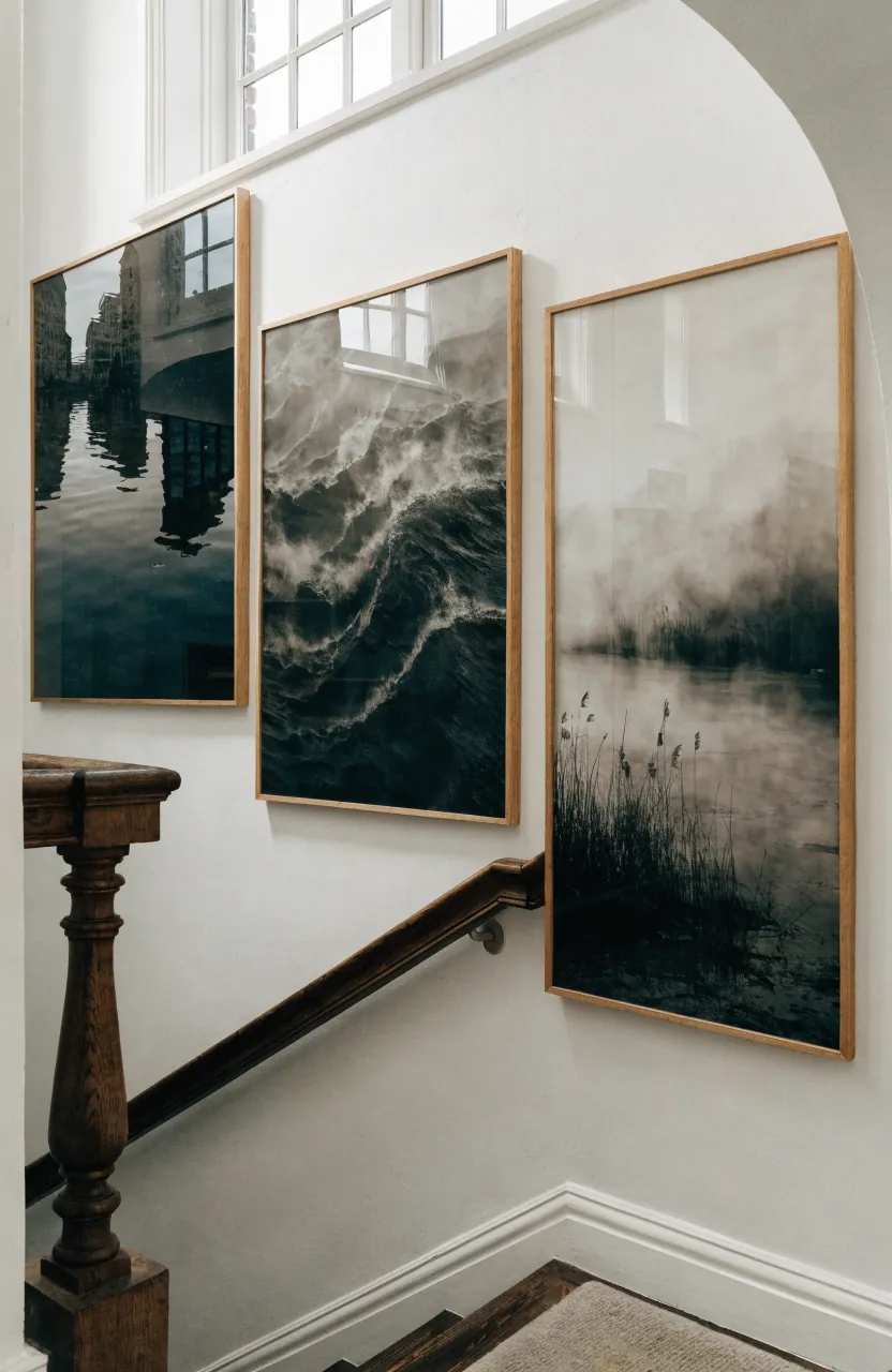 Minimal stair landing wall with three large framed prints and negative space