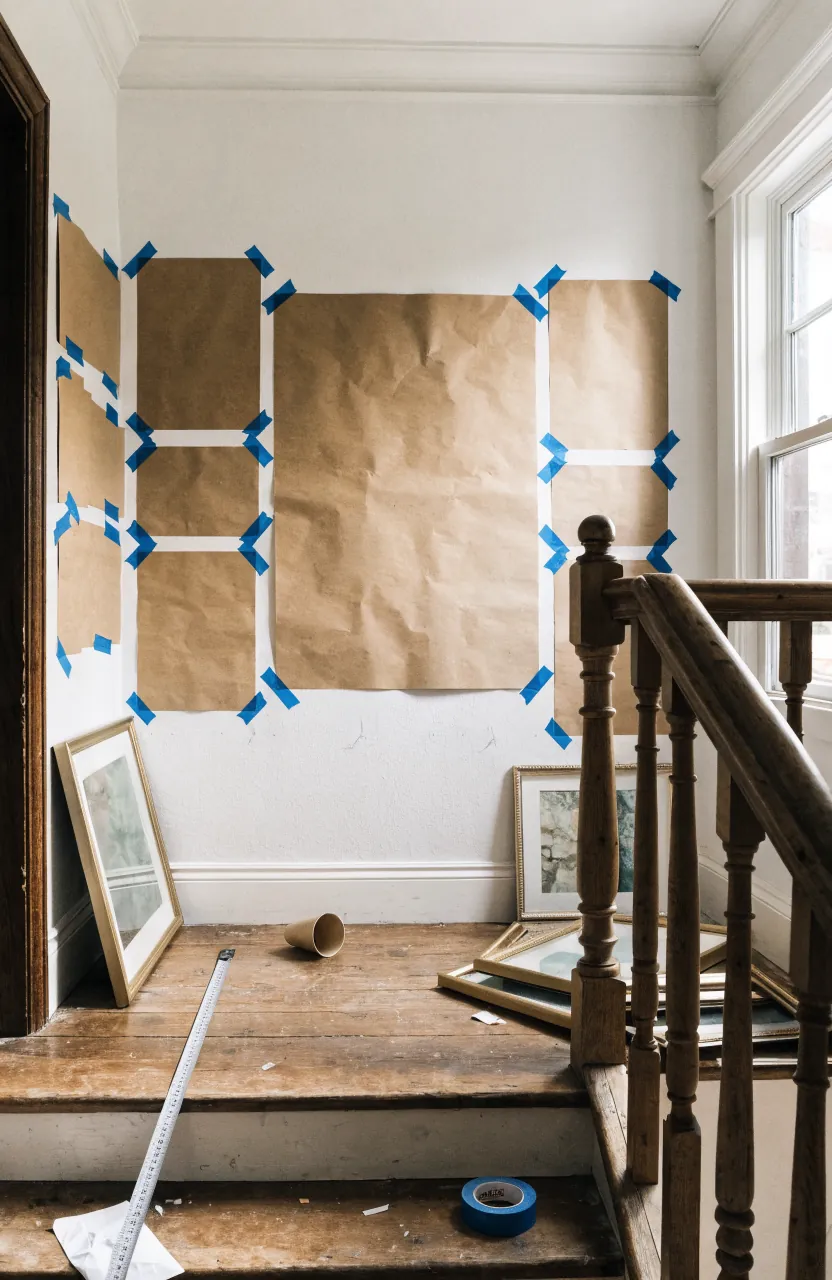 Paper templates taped to a stair landing wall before hanging a gallery wall