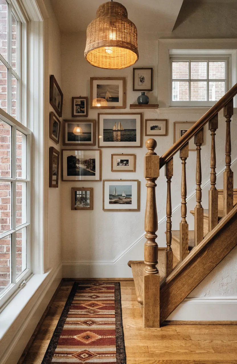 Warm stair landing decor with gallery wall, pendant light, runner rug, and woven accents