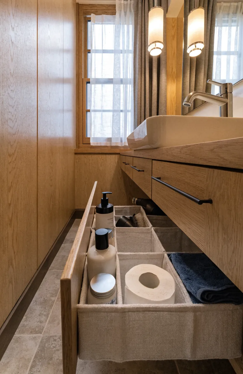 Floating vanity drawers in a compact tiny home bathroom for better storage