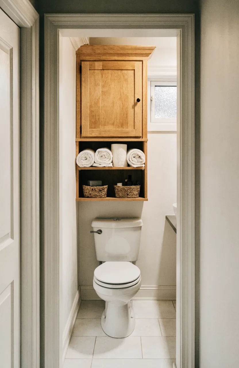 Tiny home bathroom with shallow over toilet storage shelves and rolled towels