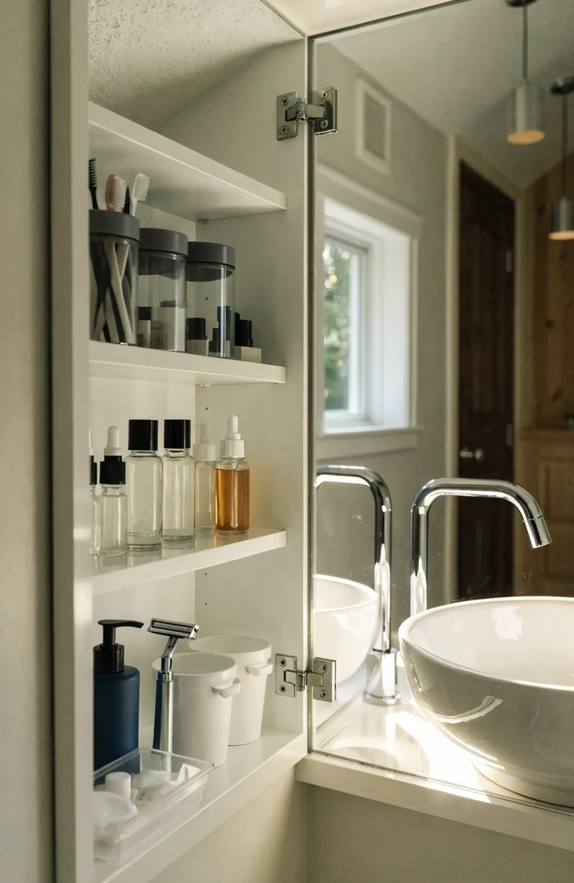 Recessed medicine cabinet in a tiny house bathroom with organized toiletries