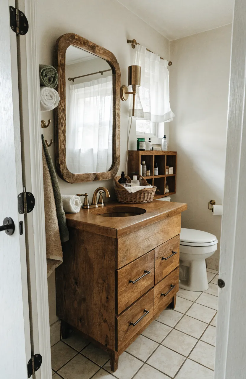 Tiny home bathroom with better storage using shelves, hooks, and a compact vanity