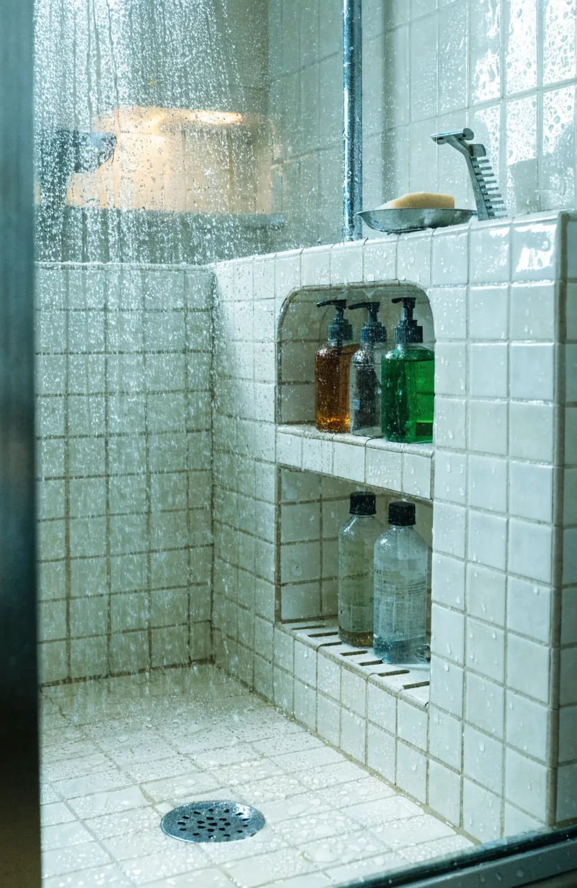 Tiny home shower niche with simple bathroom organization for shampoo and soap