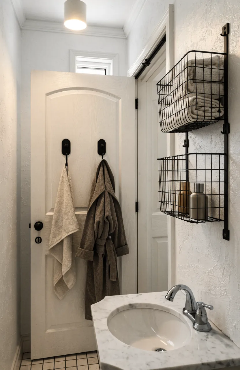 Back of door hooks and narrow wall baskets in a tiny home bathroom