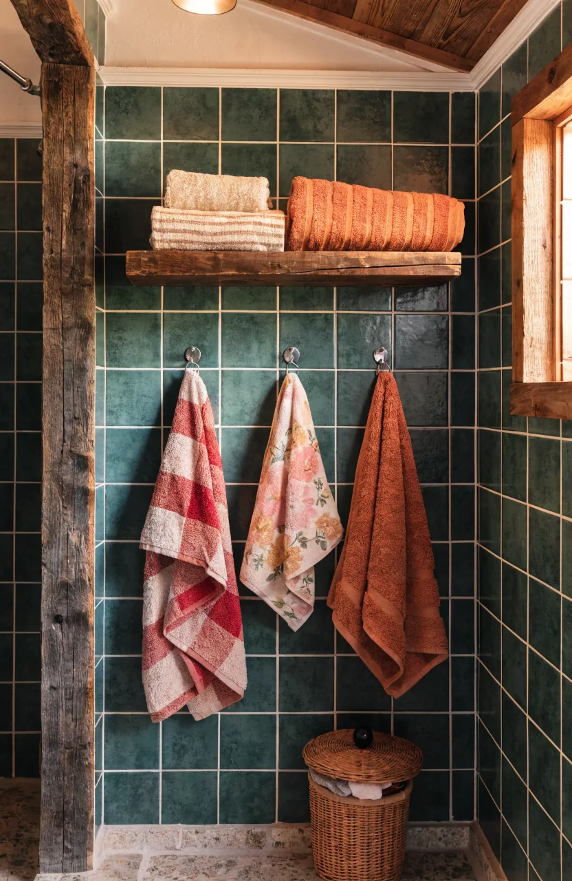 Rolled towels on a small shelf with hooks in a compact bathroom
