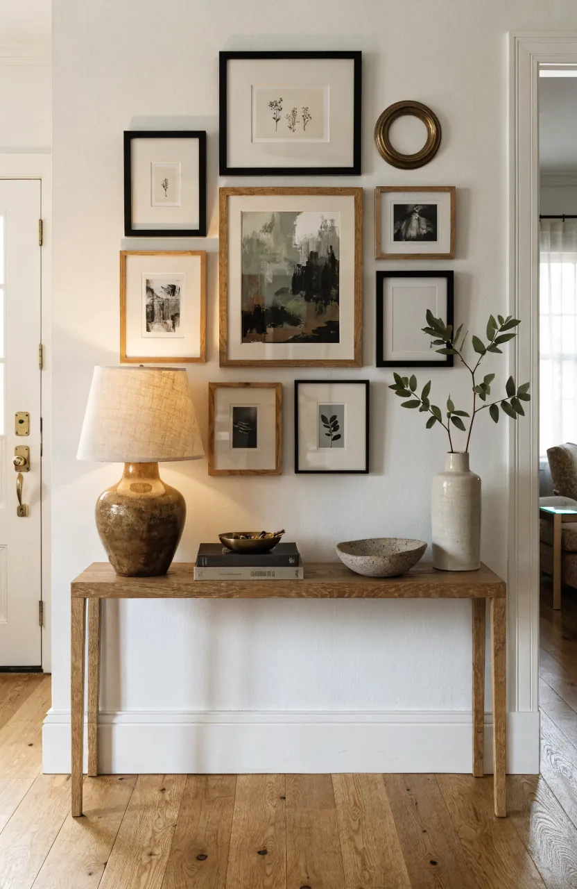 Finished entryway console table with a balanced gallery wall above it