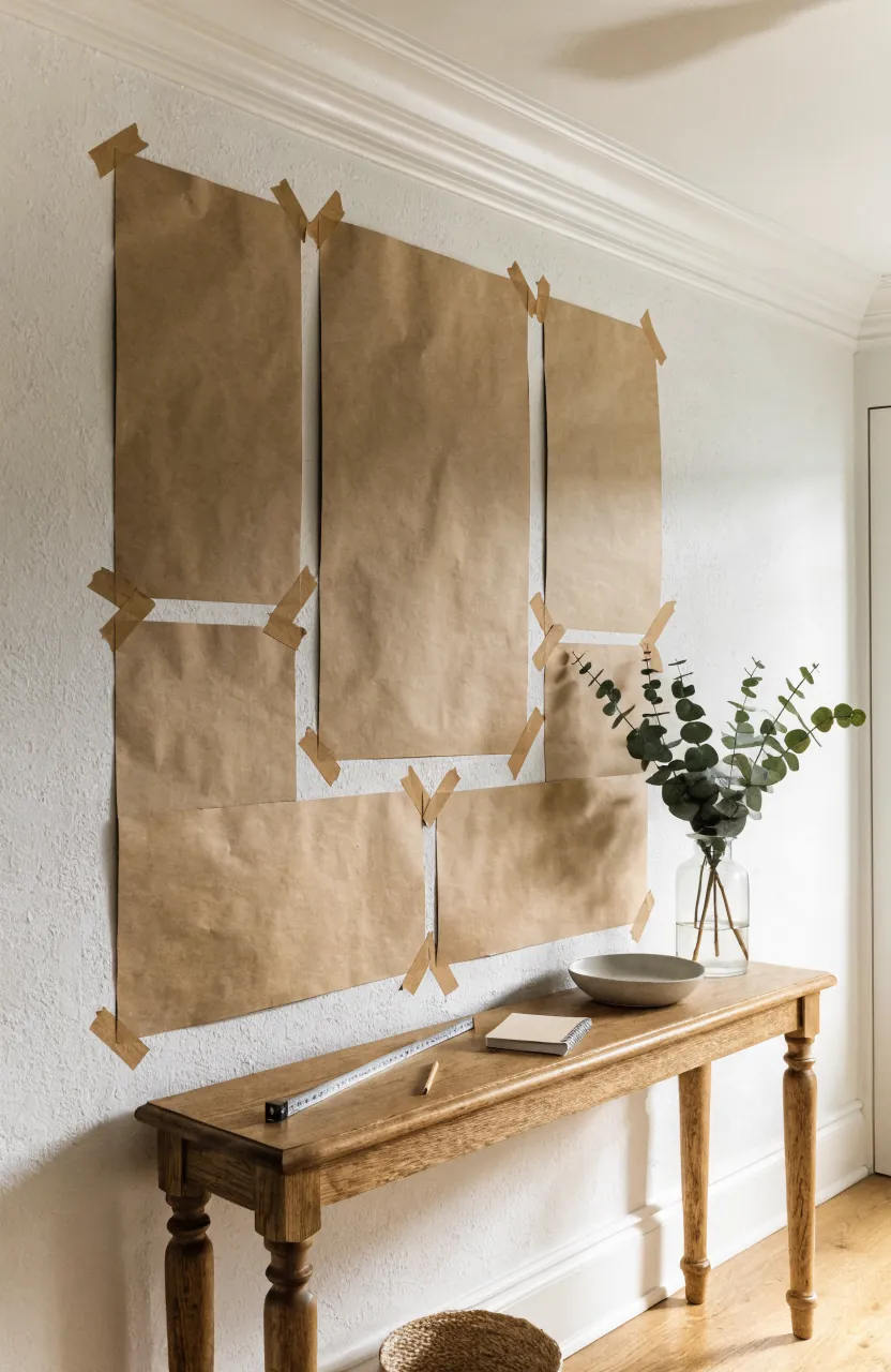 Gallery wall above a console table measured with paper templates in an entryway