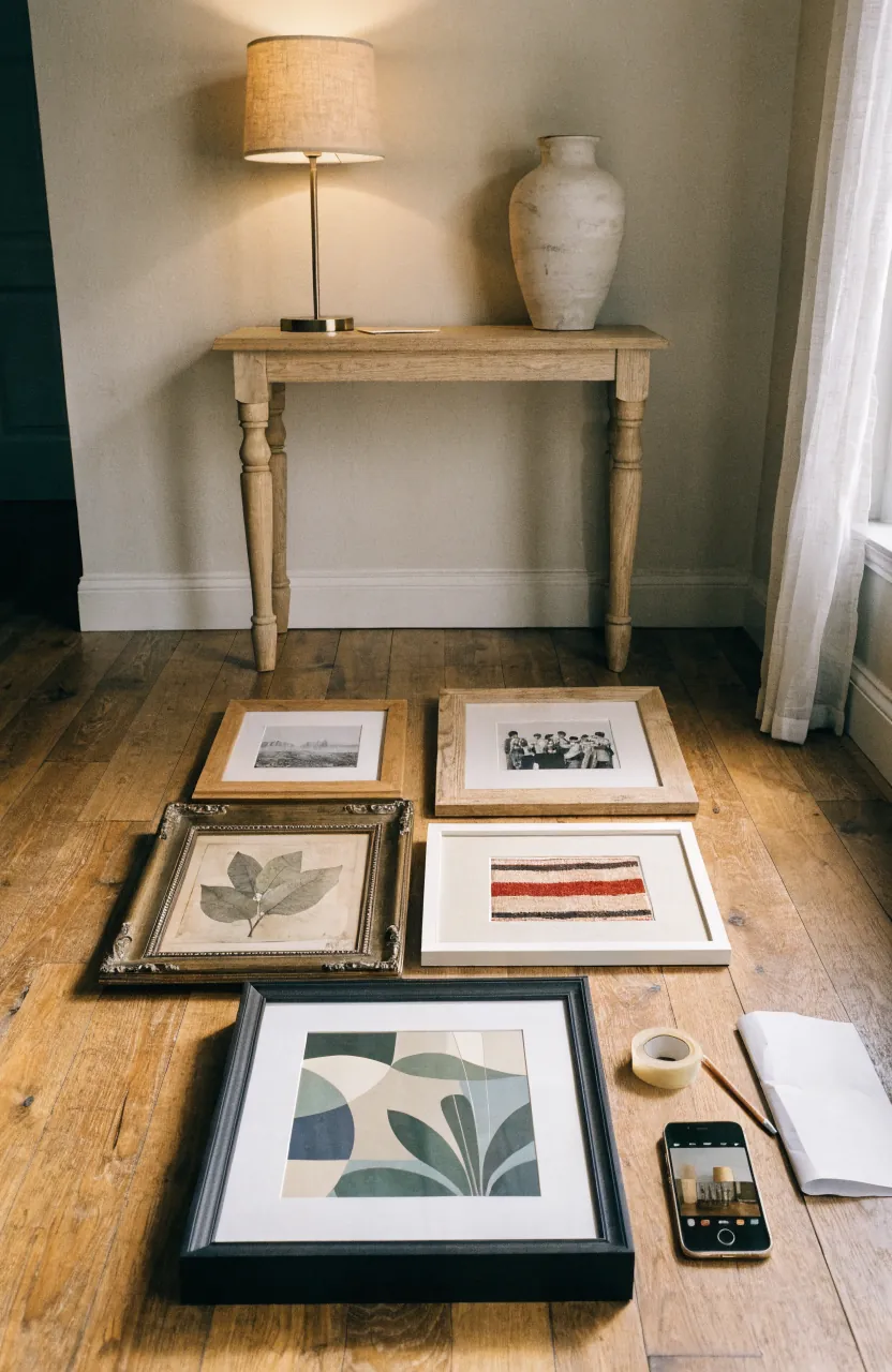 Console table gallery wall layout planned on the floor with mixed frame sizes