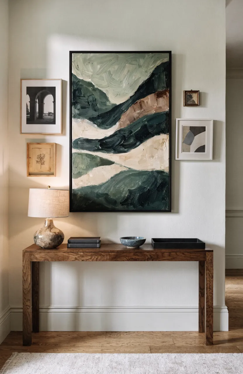 Entryway gallery wall with one large anchor artwork above a styled console table