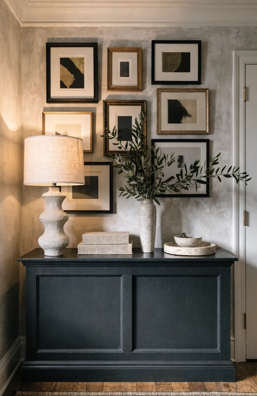 Console table decor layered below a gallery wall with books lamp tray and greenery
