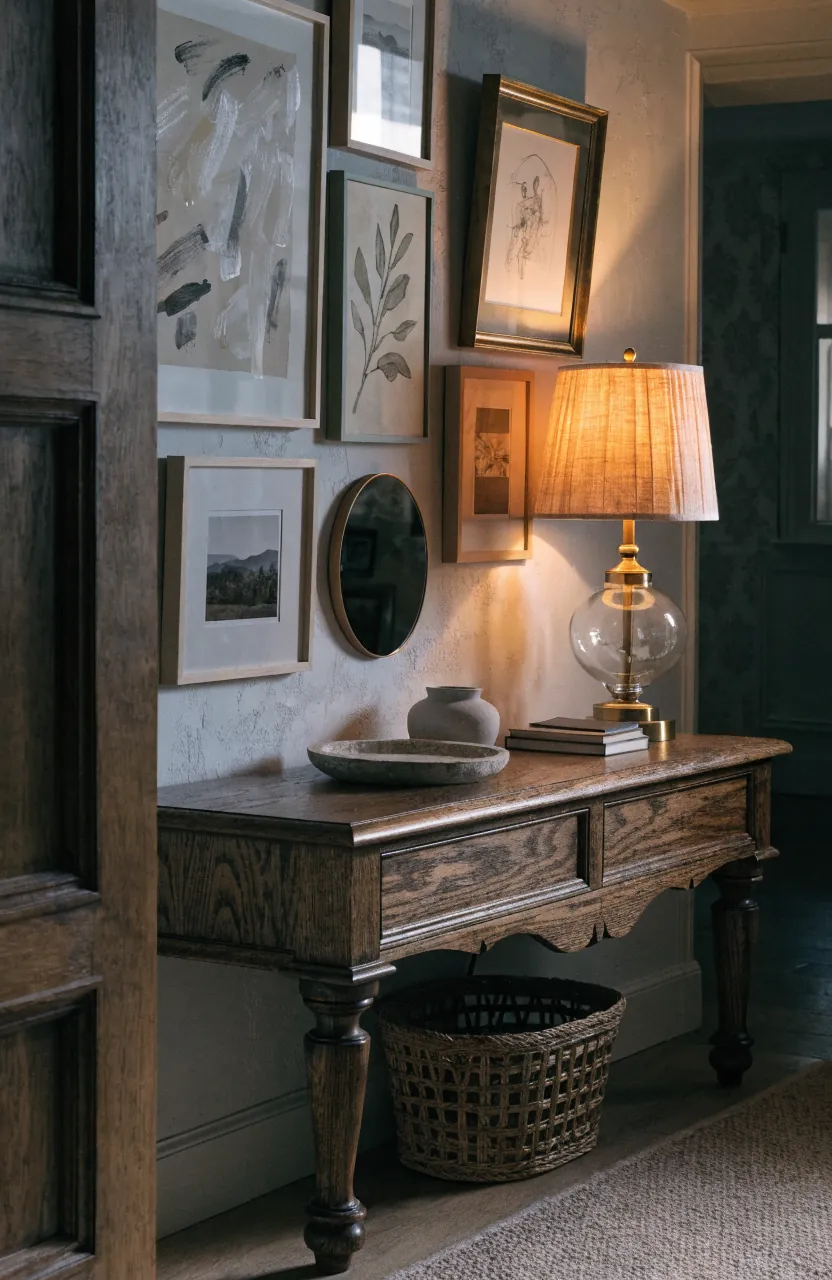Finished foyer gallery wall above console table with warm lamp lighting