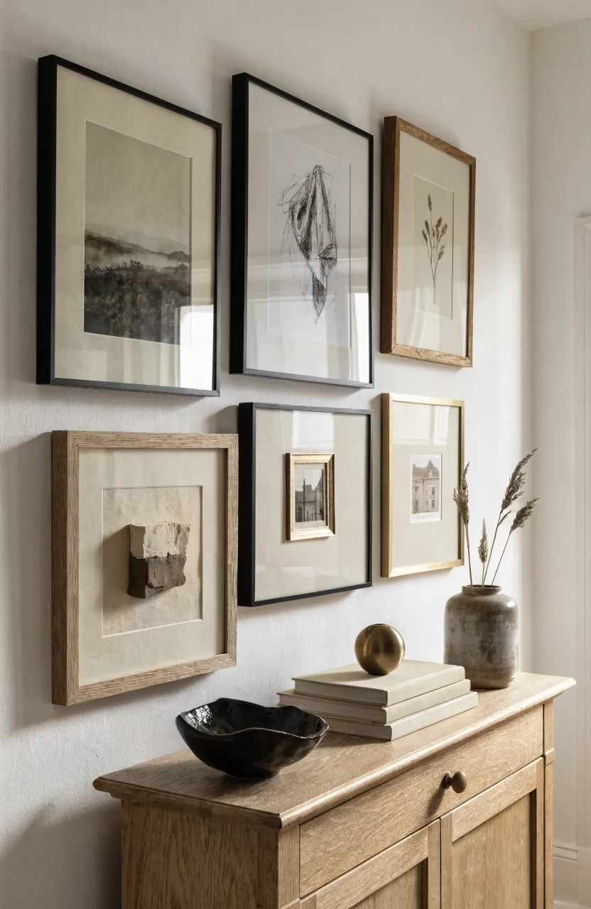 Cohesive frame wall above console table with black wood and brass frames