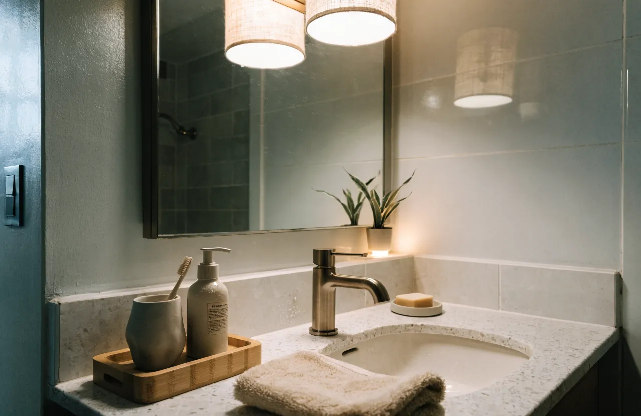 Warm bathroom lighting with soft vanity glow and natural bathroom decor